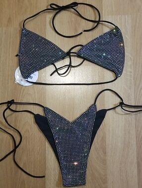 Black Rhinestone Tie-String Bikini Set - Sparkle Triangle Top & V-Front Bottom